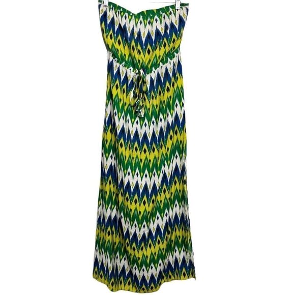 Vince Camuto Geometric Print Strapless Maxi Dress Green Yellow Blue Small - Picture 2 of 9